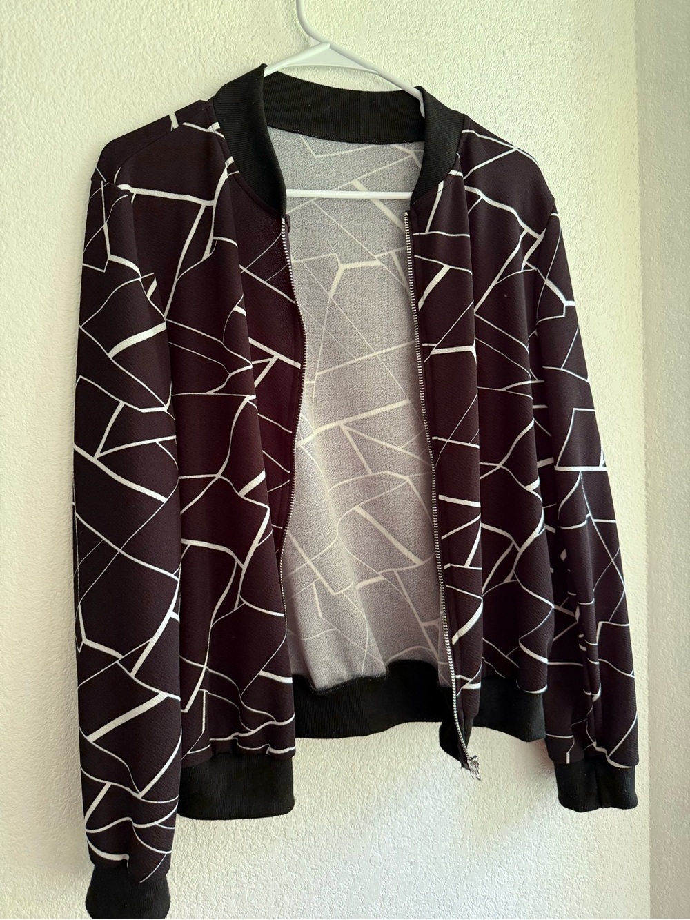 Black Bomber Jacket with White Geometric Print